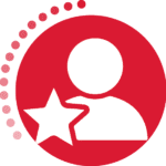 White user icon with a star on a red circular background.