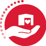 A hand holding a house with a heart inside, symbolizing care.