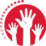 Three raised hands inside a red circle symbolizing participation or voting.