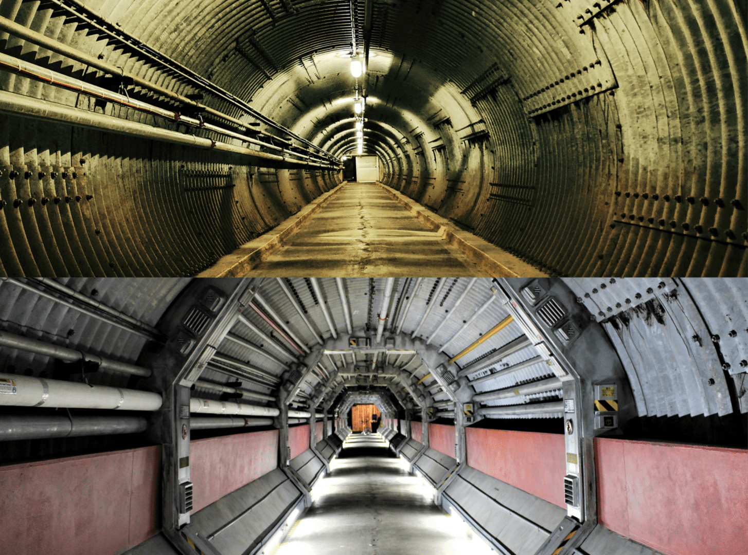 Two underground tunnel walkways with distinct designs and lighting.