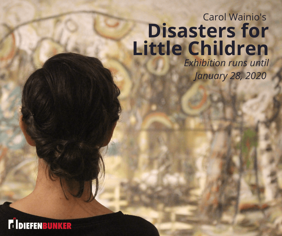 Woman looking at an art piece titled 'Disasters for Little Children'.