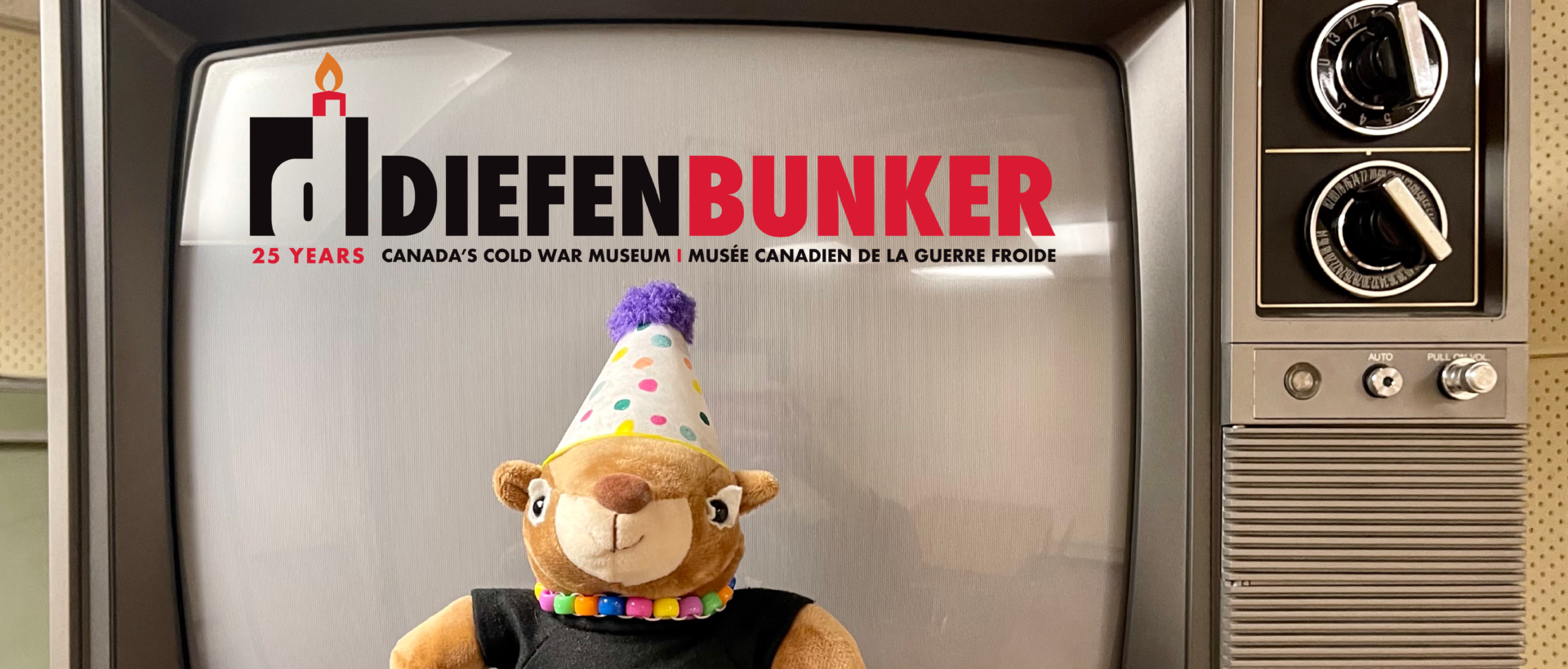 Stuffed animal wearing a party hat in front of a museum sign.