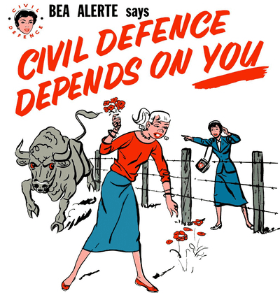 A woman repairing a fence to protect against a charging bull, highlighting civil defense.