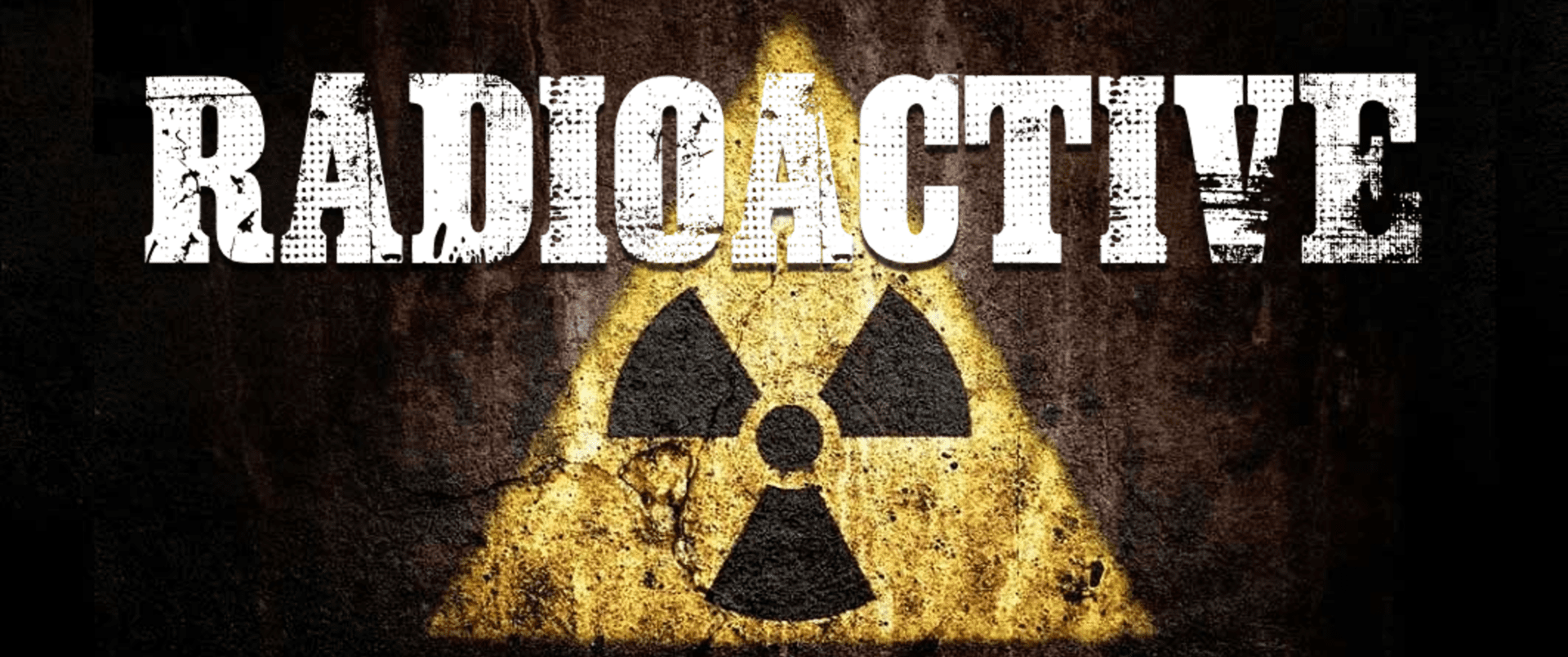 A worn radioactive warning sign on a textured yellow and brown background.