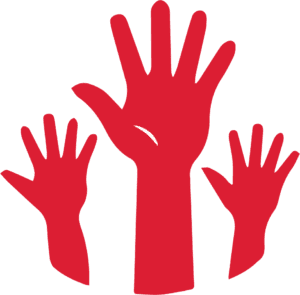 Red icon of three raised hands.