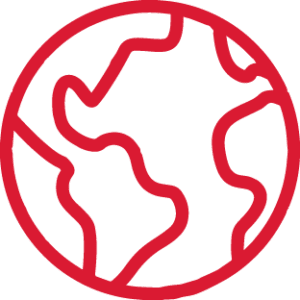 Red icon of the outline of a globe.