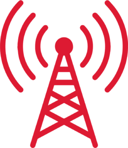Red icon of a radio tower and radio waves.