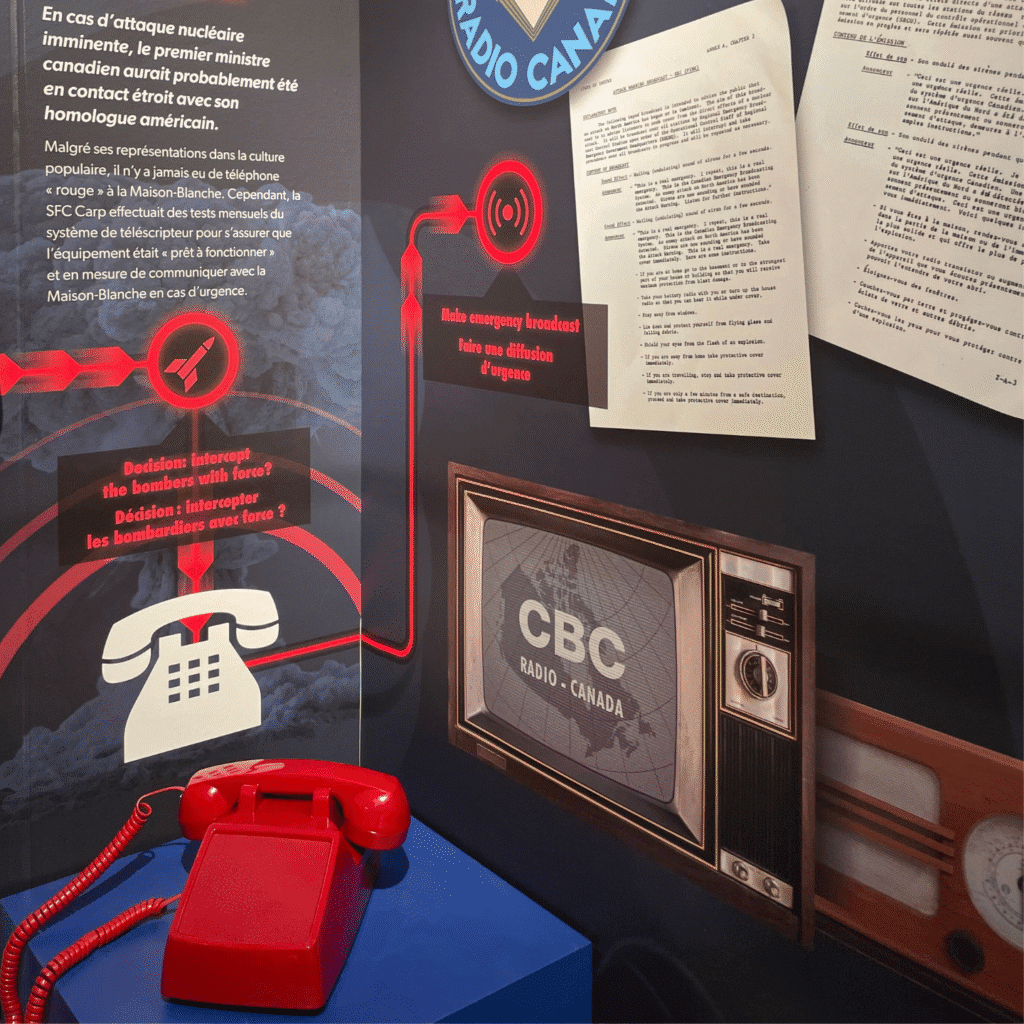 Vintage communication devices including rotary phones and a classic CBC television set.