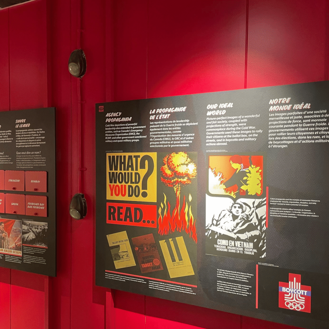 Museum exhibit explaining the history of Nazi book burnings with visuals and text.