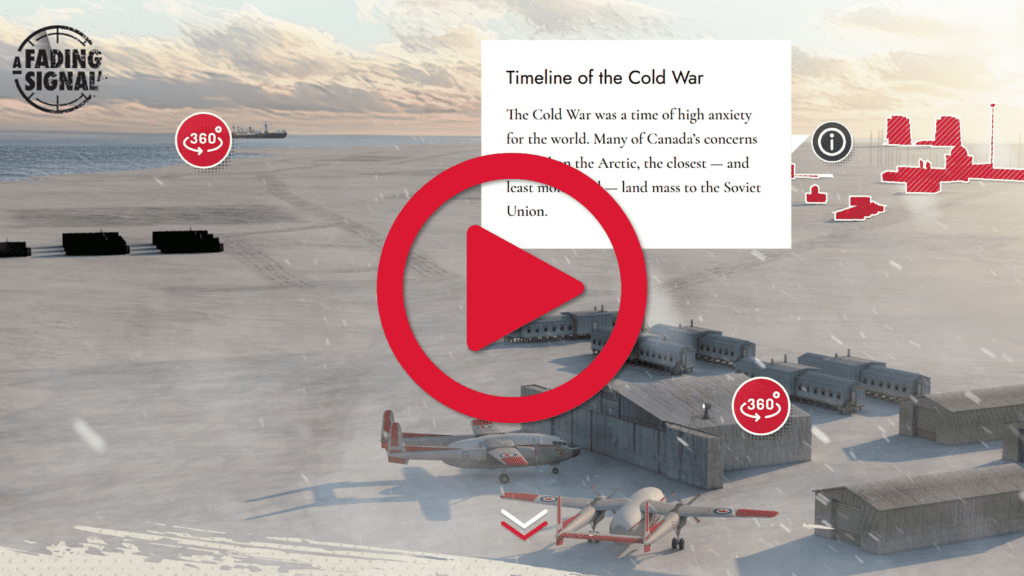 Digital rendering of an Arctic environment with Cold War era airplanes and hangar buildings, with large radar structures in the background.