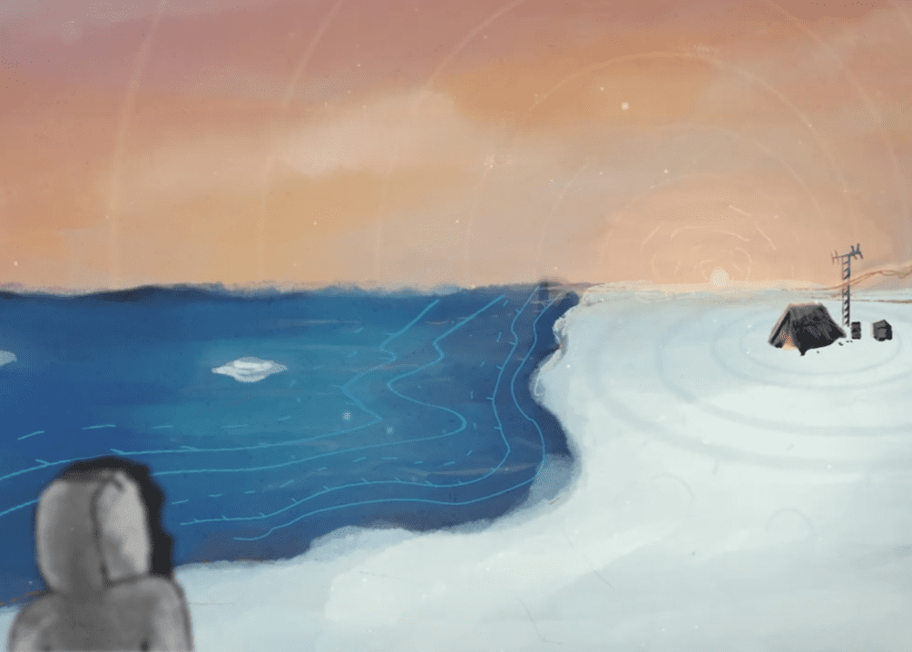 Illustration depicting an Inuit person standing in a snow-covered area, looking at a building and radar antenna being constructed.