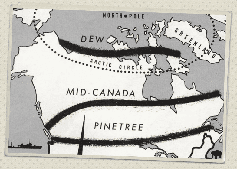 Black and white illustration of a map of Canada showing a black band where the DEW Line is.